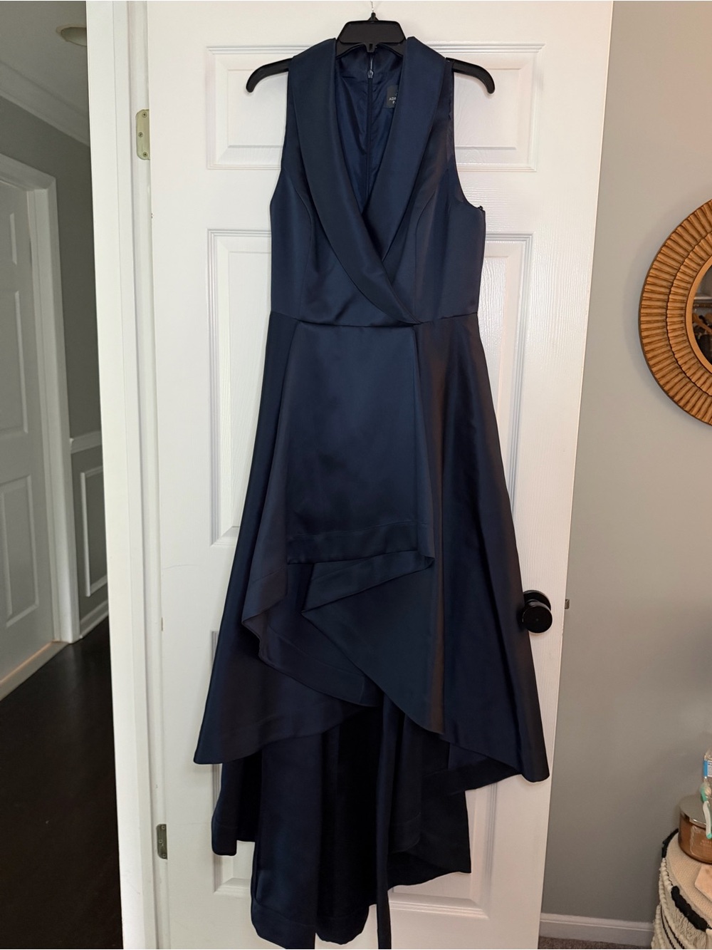 Adrianna Papell Navy Satin High-Low Cocktail Gown